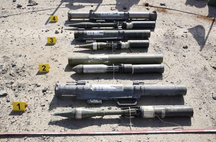 A series of shoulder-fired, recoilless launchers made by the Islamic State, shown with a variety of repurposed projectiles. ISIS weapons engineers took Soviet-era munitions and made West