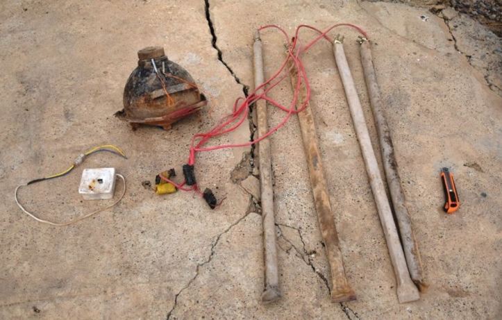 ISIS connected multiple means of initiation to a single device. Any of the four pressure plates would have detonated the bomb if stepped on. Credit Steve KosierSwiss Foundation for Mine