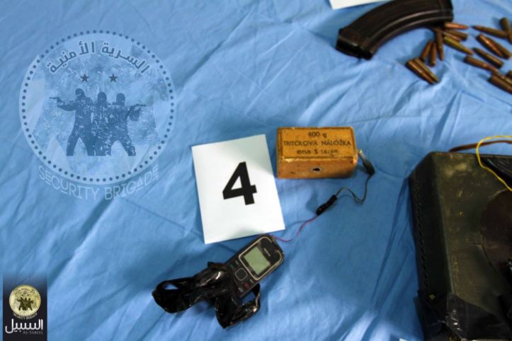 Mujahideen Shura Council of Derna (MSCD) security unit issued the following photos of an LNAKarama cell, with an unspecified number of members in Derna. Seizing 2 remote controlled IEDs