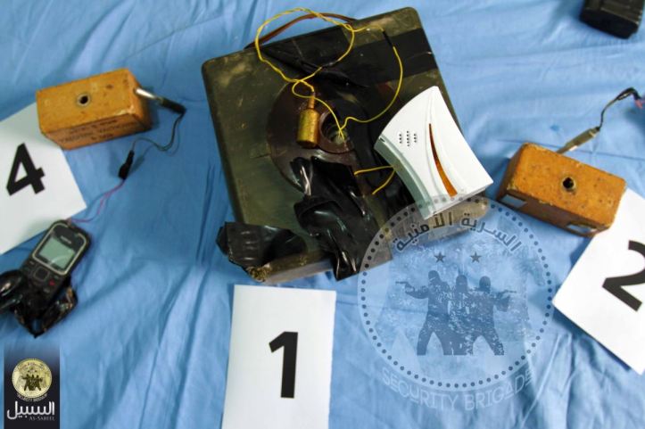 Mujahideen Shura Council of Derna (MSCD) security unit issued the following photos of an LNAKarama cell, with an unspecified number of members in Derna. Seizing 2 remote controlled IEDs