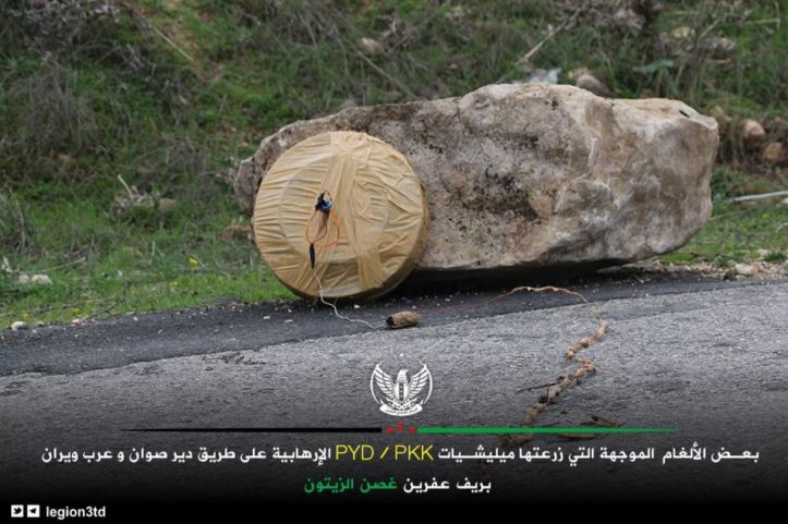 Olive Branch forces (FSA Third Legion) showcase mines and IEDs left by the #PKK affiliate YPG near Deyr Sawan town in Afrin countryside of #Syria (1)